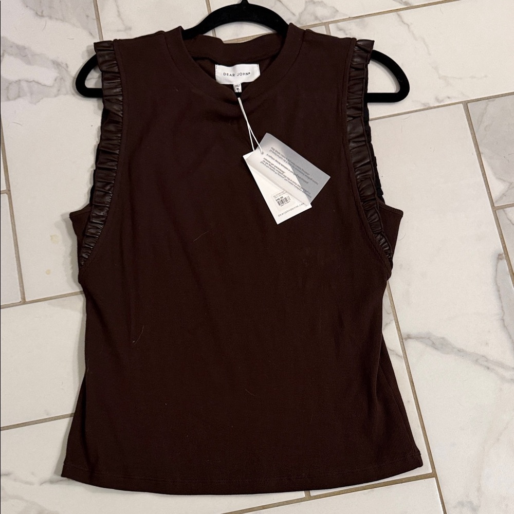 Chocolate Brown Faux leather Ruffle Trim Tank Top